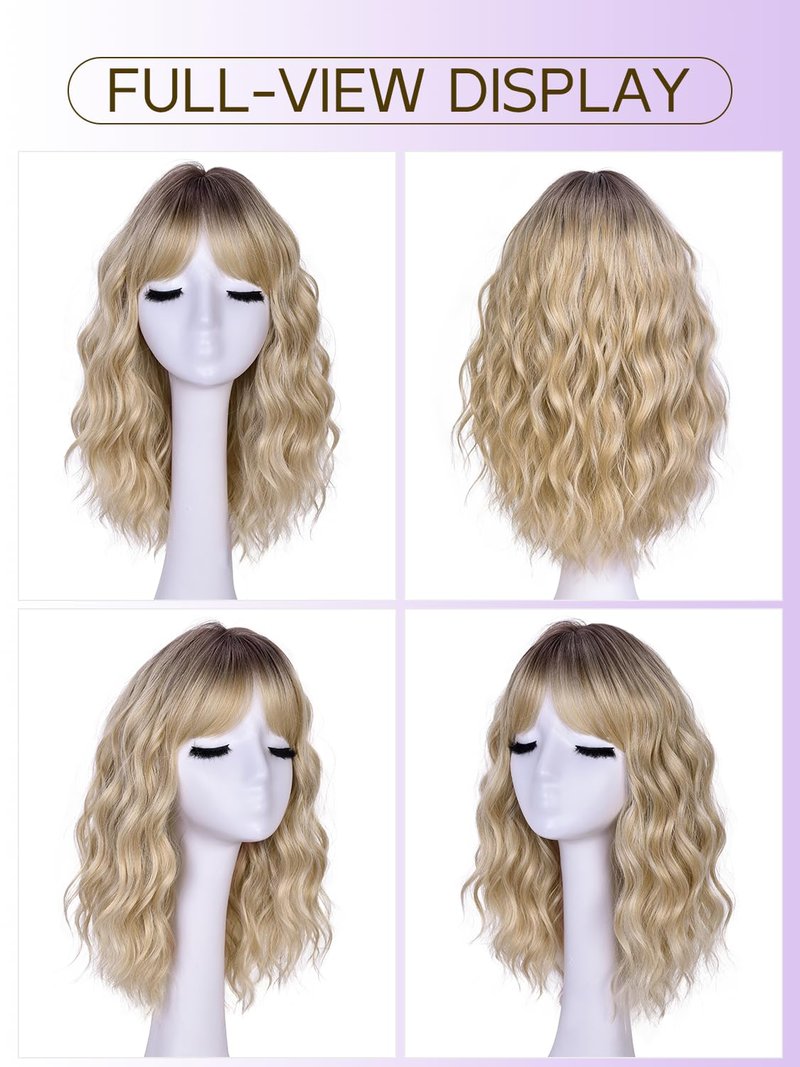Short Wavy Wig with Bangs for Women Curly Wigs Natural Wavy Synthetic Wigs for Daily Party Cosplay (Ombre Blonde)