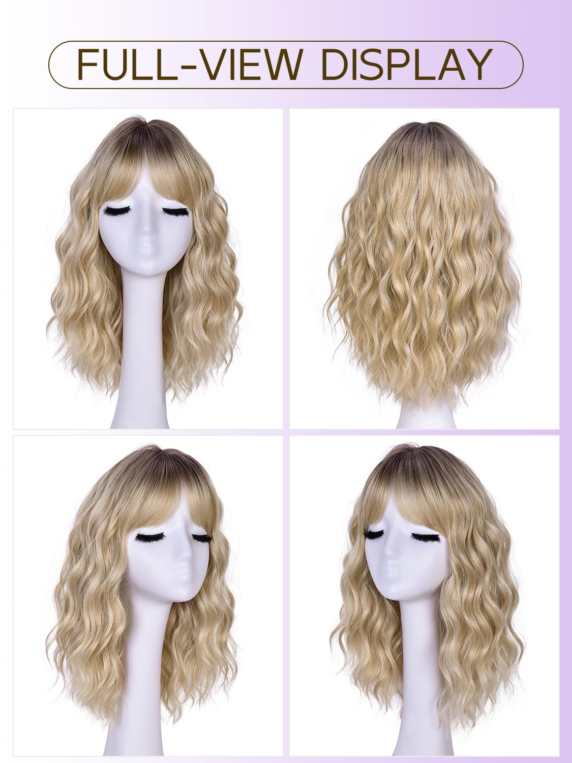 Short Wavy Wig with Bangs for Women Curly Wigs Natural Wavy Synthetic Wigs for Daily Party Cosplay (Ombre Blonde)