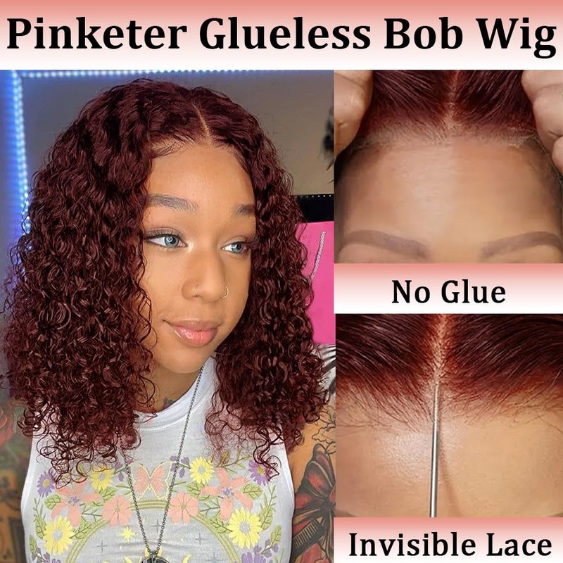 Pinketer Burgundy Glueless Wigs Human Hair Pre Plucked Pre Cut 4x4 Lace Closure Wear and Go Deep Wave Bob Wig 180% Density 99J Curly Human Hair Wigs for Black Women (Burgundy Wig, 10in)