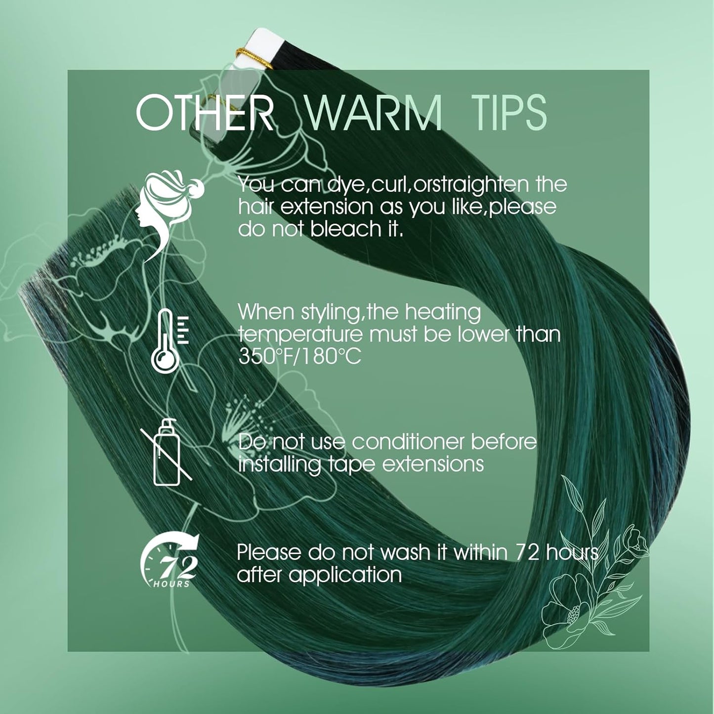 Ombre Tape-In Hair Extensions | 14-Inch Human Hair, Natural Black to Teal & Blue | Remy Soft, Straight, 20 Pcs