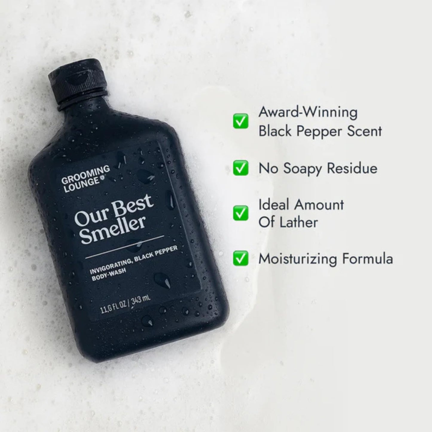 Grooming Lounge Our Best Smeller Body Wash - Moisturizing, Clarifying Foaming Shower Scrub - Fresh, Classic, Suave Fragrance of Acai, Aloe Vera, Seaweed, and Black Pepper - Dry Skin Defense - 11.5 oz
