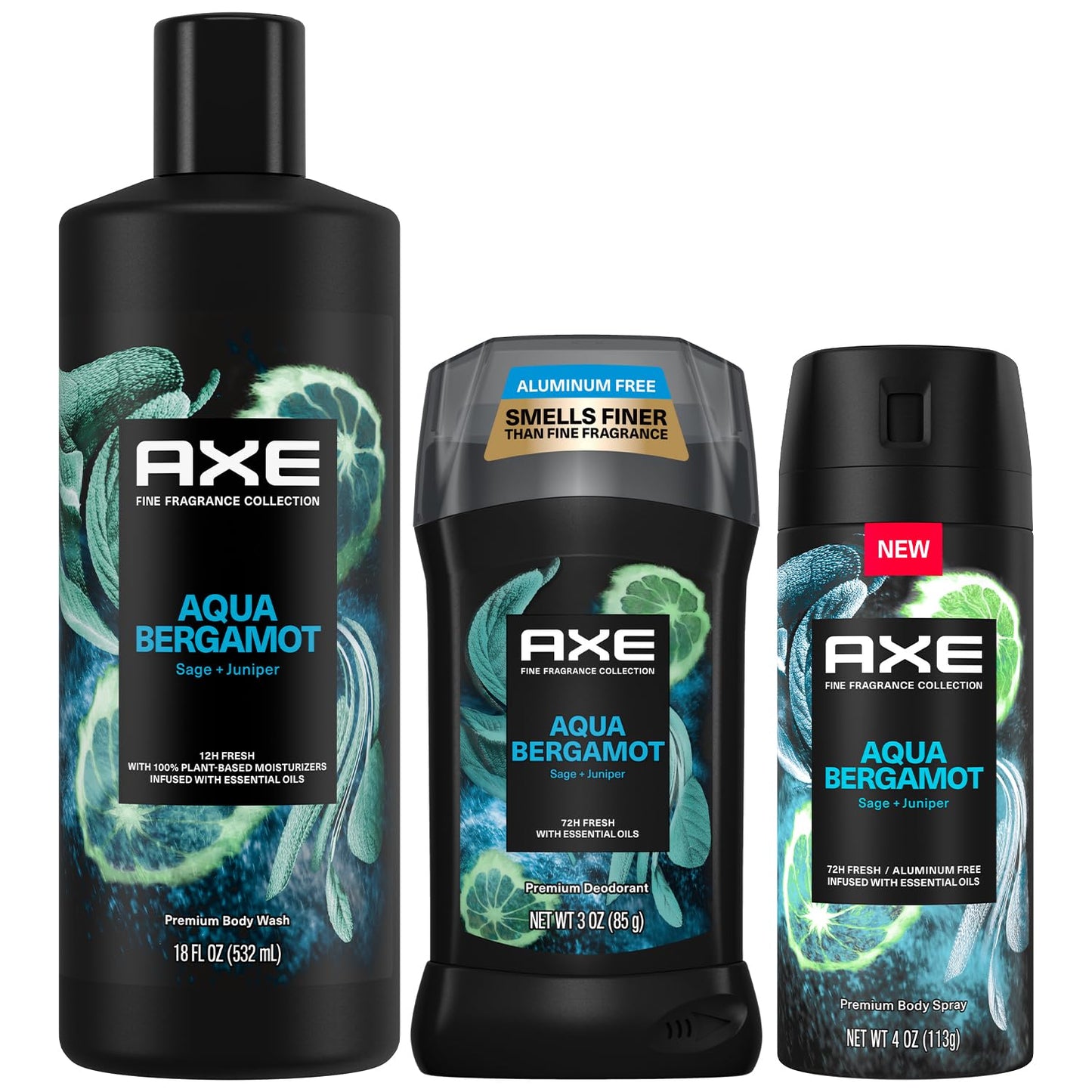 AXE Aqua Bergamot Gift Set for Men – Men’s Body Wash, Body Spray & Deodorant, Fine Fragrances Collection, Sage & Juniper (3 Piece Set)