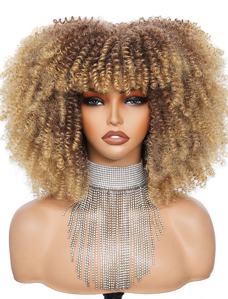 Charming cascade Curly Afro Wig with Bangs, Ombre Blonde 11 Inch Long Kinky Curly Wig, Voluminous Natural Fluffy Curly Synthetic Fiber Glueless Wigs for Black Women Hair Replacement Wigs