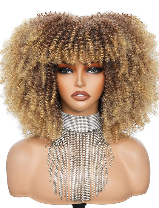 Charming cascade Curly Afro Wig with Bangs, Ombre Blonde 11 Inch Long Kinky Curly Wig, Voluminous Natural Fluffy Curly Synthetic Fiber Glueless Wigs for Black Women Hair Replacement Wigs