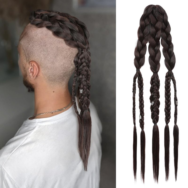 NTYNTY Viking Hair Extensions for Men – 24" Handcrafted Clip In Braided Ponytail Hairpiece for Halloween Viking Costume Renaissance Warrior Accessories - Dark Chocolate Brown