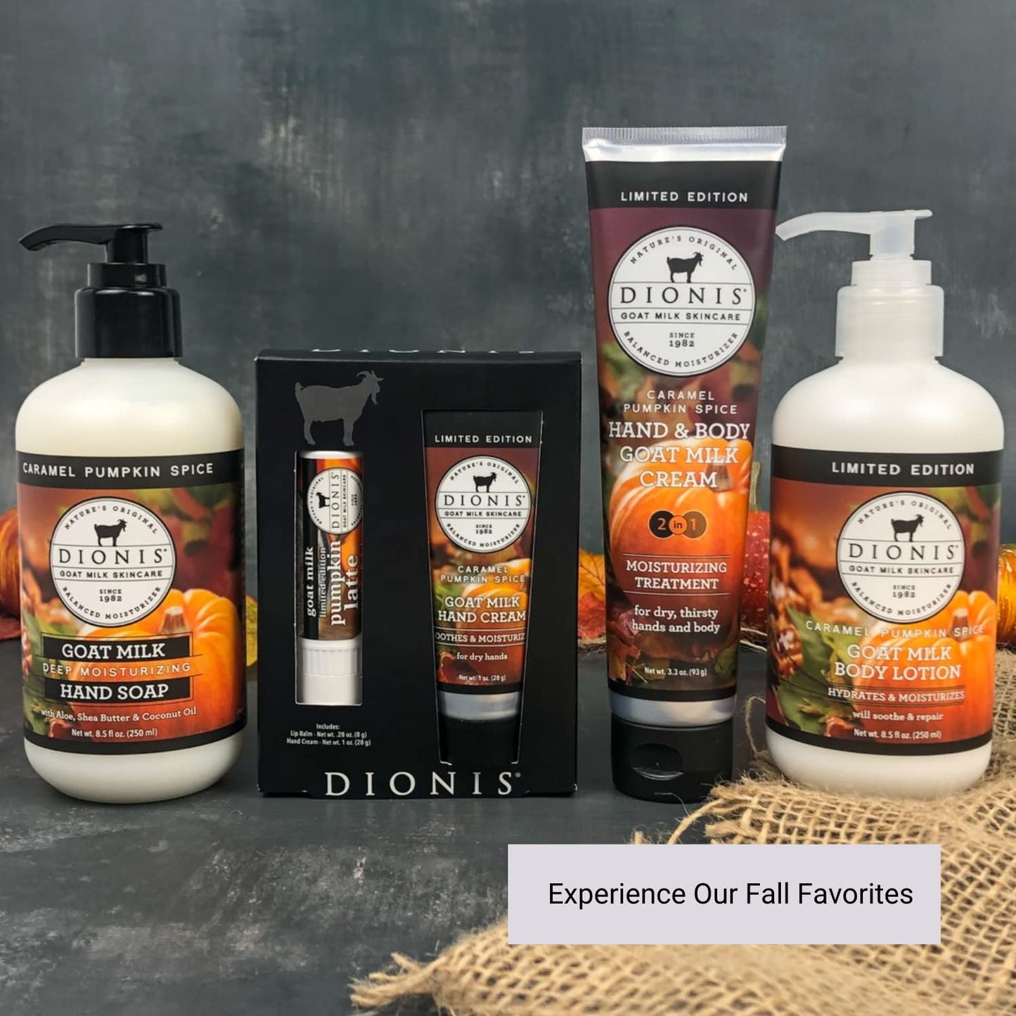 Dionis Goat Milk Lotion & Hand Cream Bundle - Caramel Pumpkin Spice Scent | 8.5 oz & 3.3 oz