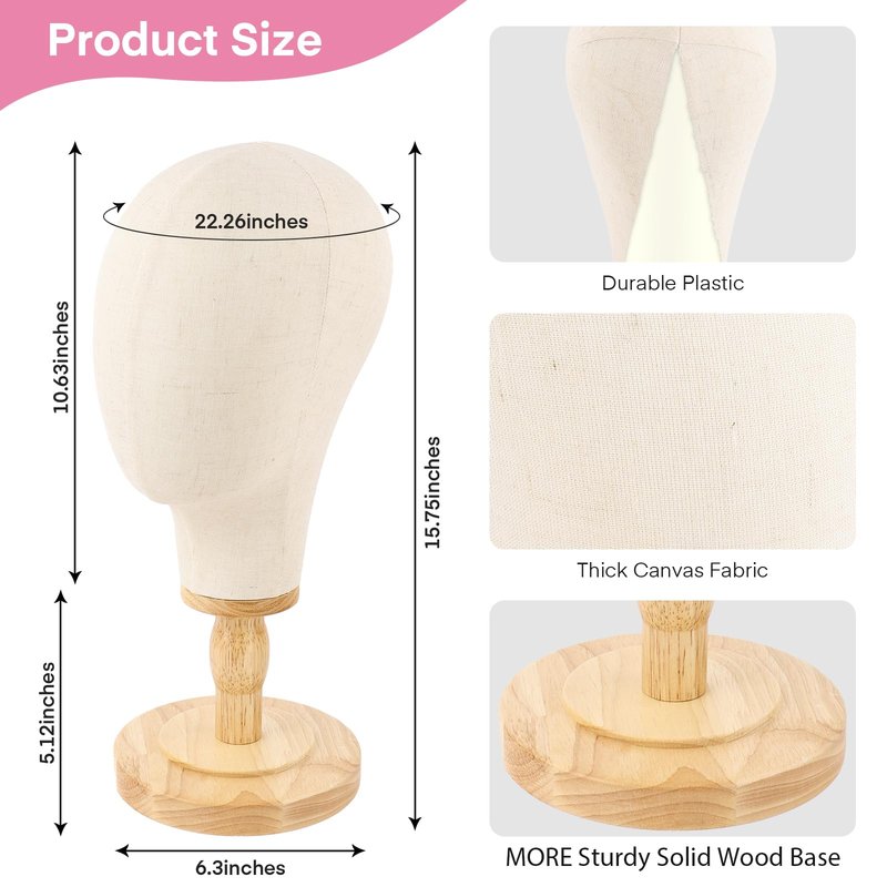 Beauty Star Wig Stand, 22inch Mannequin Head for Wigs with Detachable Strong Wood Base, Canvas Block Wig Head Holder Rack Ideal for Hair Styling, Display Hats, Wig Making, Headdress