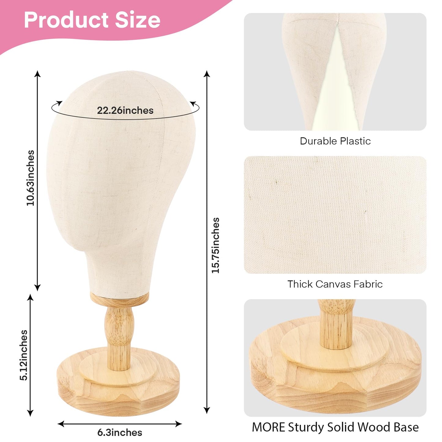 Beauty Star Wig Stand, 22inch Mannequin Head for Wigs with Detachable Strong Wood Base, Canvas Block Wig Head Holder Rack Ideal for Hair Styling, Display Hats, Wig Making, Headdress