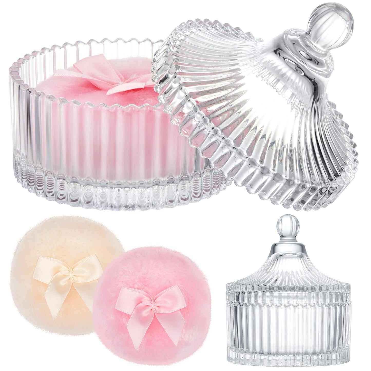 Tioncy 3 Pcs Large Body Powder Puff and Container Valentine's Day gift Powder Container with Puff Crystal Case Soft Washable Reusable Velour Face Body Glitter Wet Dry Makeup (Classic,Clear)