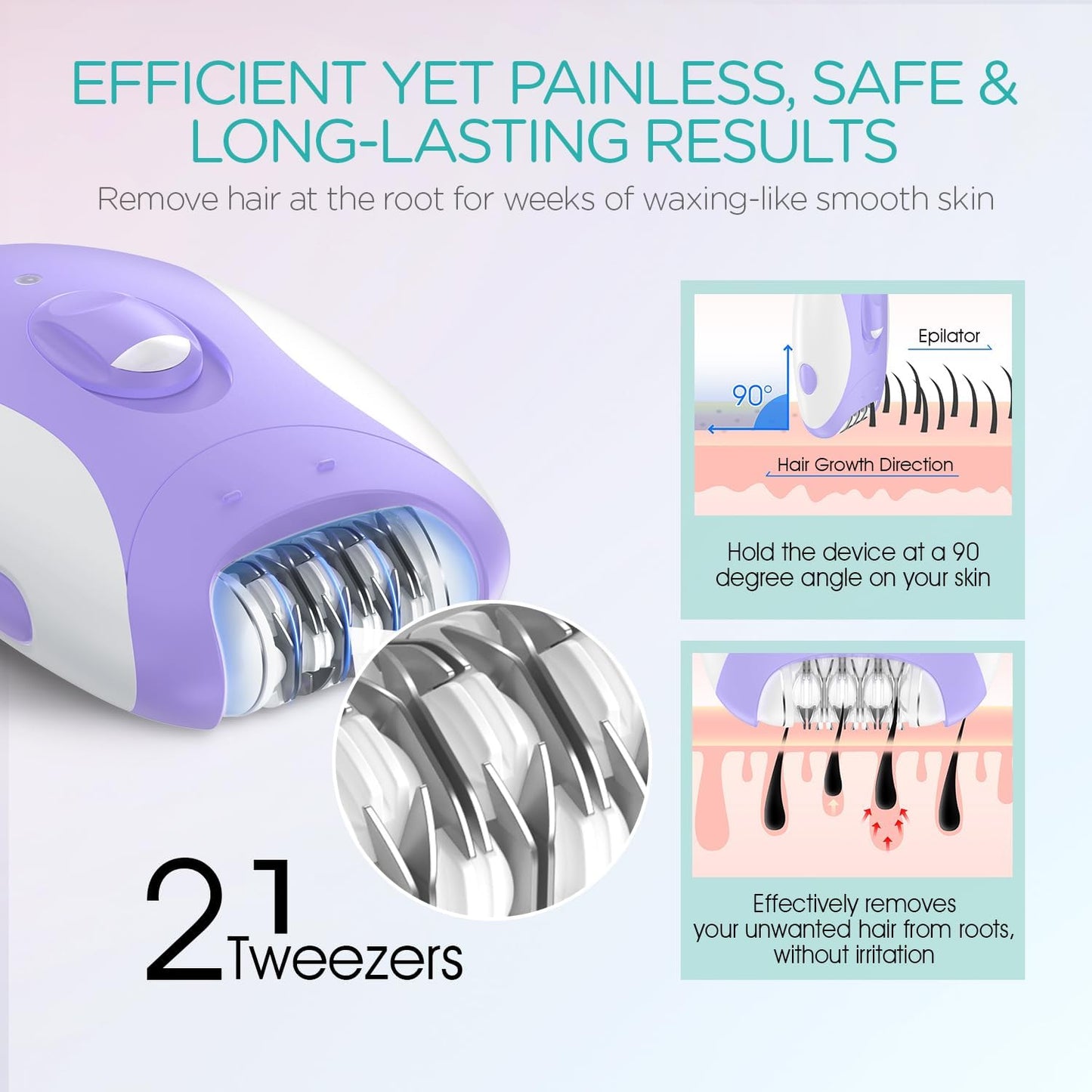 Epilator for Women - Cordless 4-in-1 Hair Removal Device with 21 Tweezers | Purple HR310