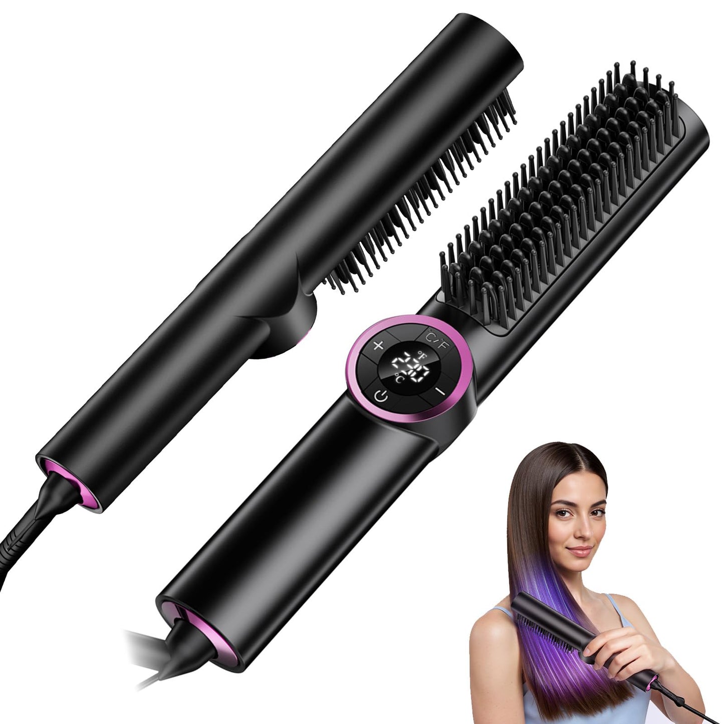 JolinKoin Hair Straightener Brush: Ionic Hair Straighteners for Women with 15 Temps, Straightening Brush Fast Heating with LED Display & Dual Voltage