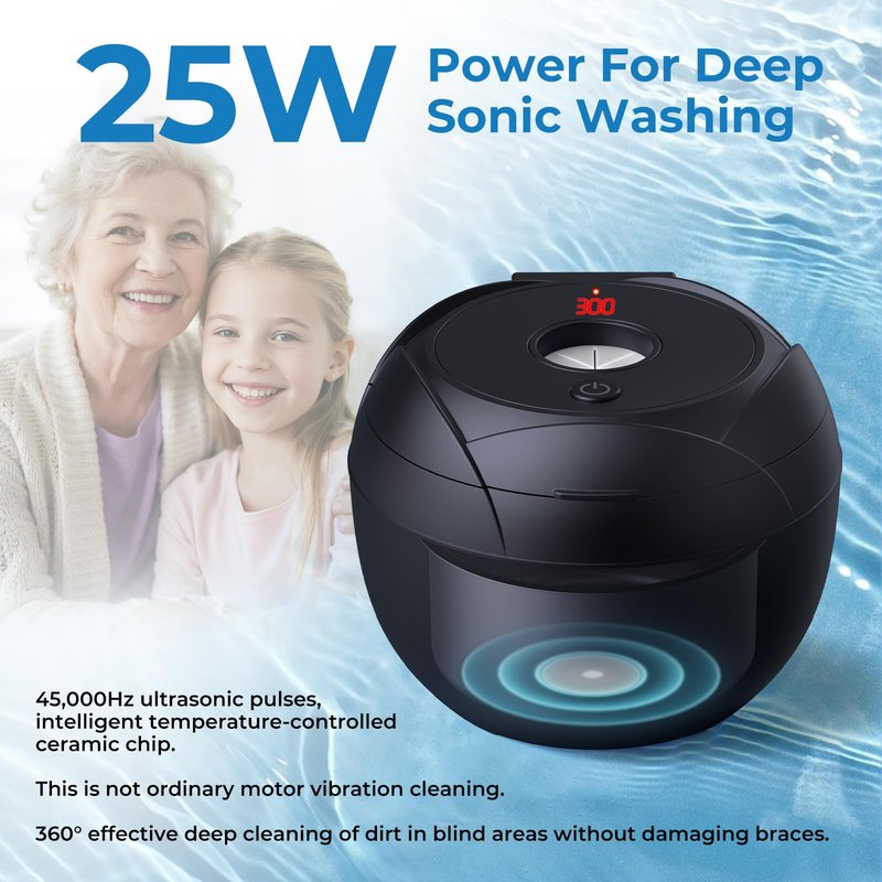 Wazhel Ultrasonic Retainer Cleaner Machine, 45kHz Dental Cleaning Pod for Denture, Mouth Guard, Night Guard, Aligner, Braces, Toothbrush, 200ML Denture Cleaner with Digital Timer & 4 Modes, Black