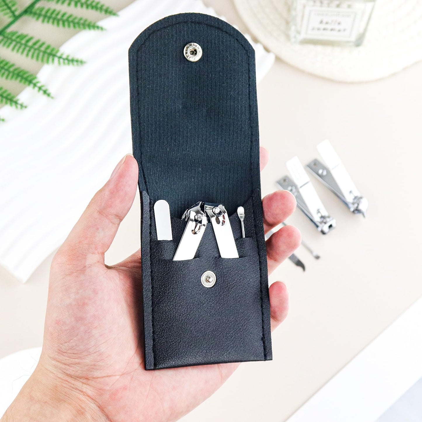 HAIFOTRVA 10 Sets Finger Nail Clipper Set Bulk,4 in 1 Black Adult Stainless Steel Travel Manicure Kit with Case Individually Wrapped Nail Clippers Bulk for Homeless,Hotel,Charity