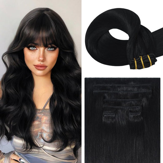 Clip in Hair Extensions Real Human Hair 12 Inches 7pcs Jet Black Human Hair Extensions 75g #1 Human Hair Clip Ins for Black Women Straight Soft 100% Natural Human Hair