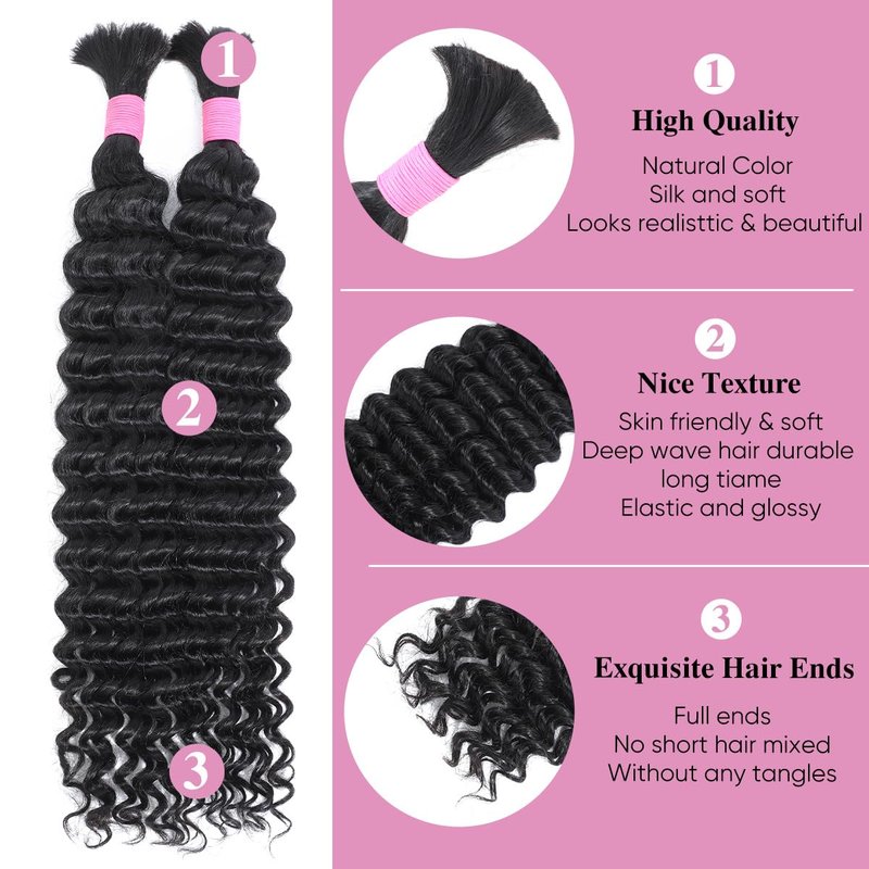 Human Braiding Hair - 14 Inch Deep Wave Bulk Hair for Boho Braids | 100g 12A Virgin Curly (Natural Color)