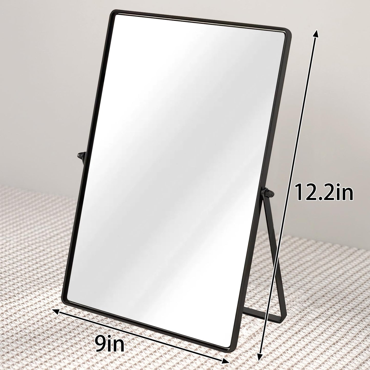 Numjeg Desktop Makeup Mirror with Black Metal Standing 90° Rotation Vanity Table Mirror Portable Cosmetic Mirror for Dressing Room Bedroom Bathroom Rectangle