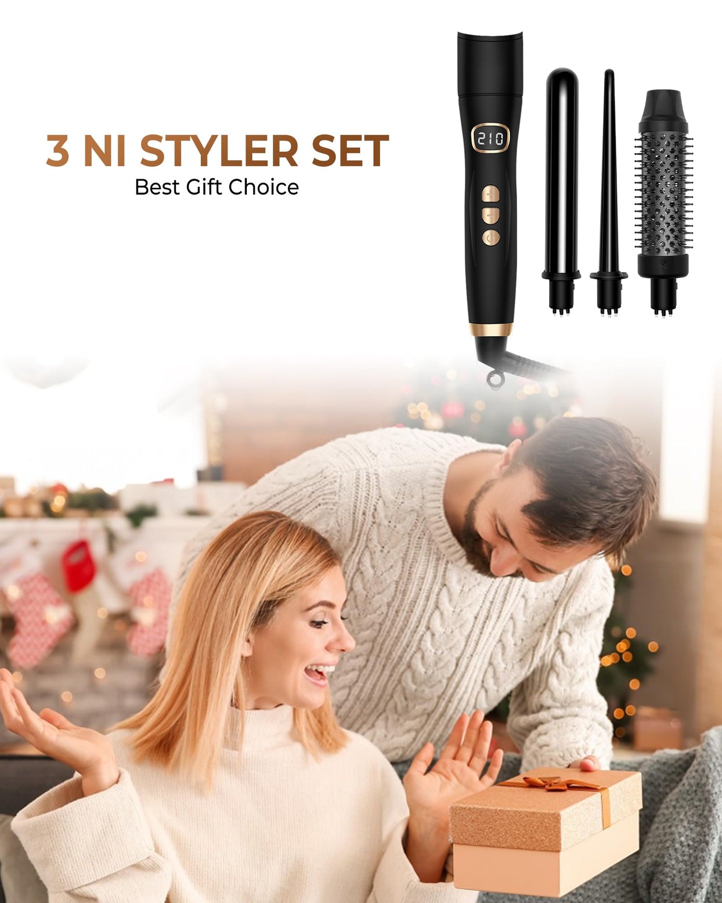 Ukliss 3 in 1 Curling Iron Set, Heated Round Brush for Straightening Curling Detangling, Ceramic Curling Wand for Versatile Styling, Dual Voltage Curling Iron Travel Friendly (Black)