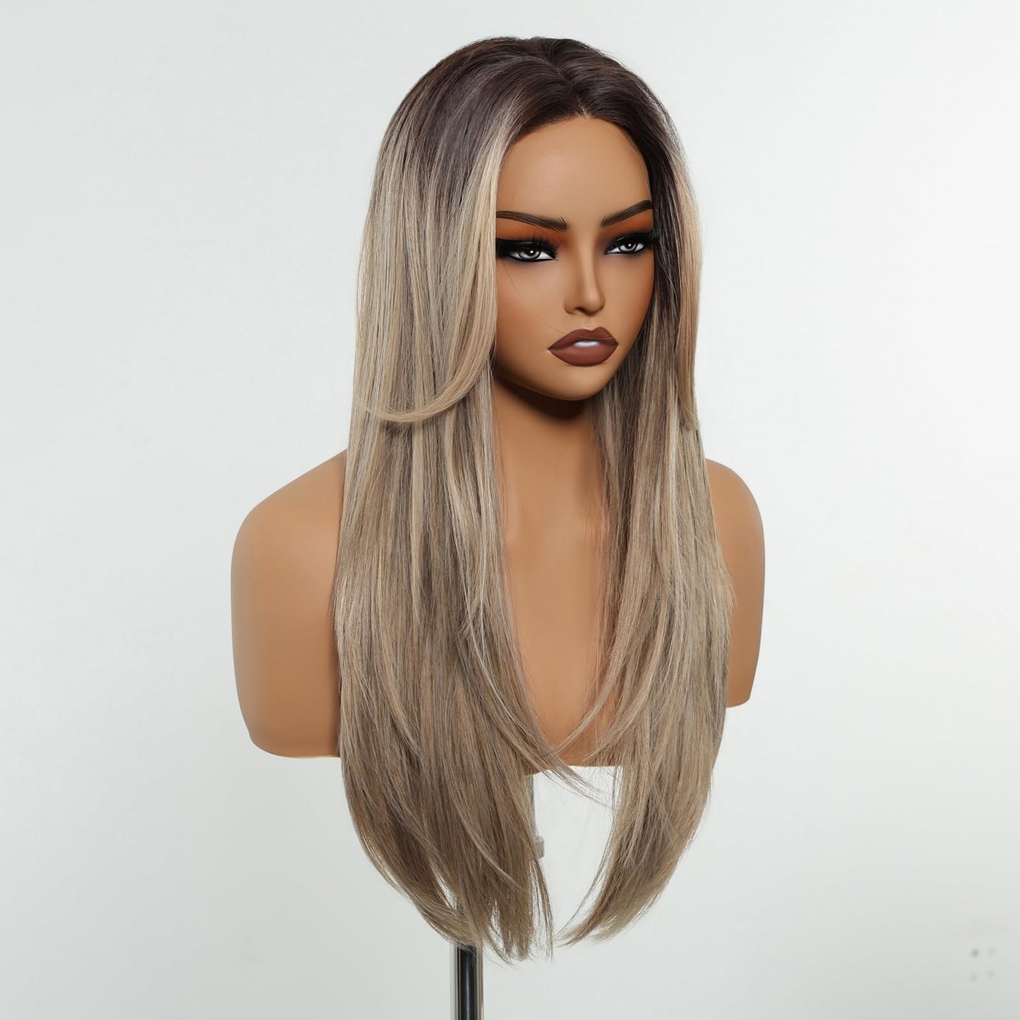 testar Long Straight Gray Wigs for White Women Ombre Sliver Gray Silky Hair Synthetic Middle Part Wigs for Daily Use Lace Closure Natural Hairline 26 IN