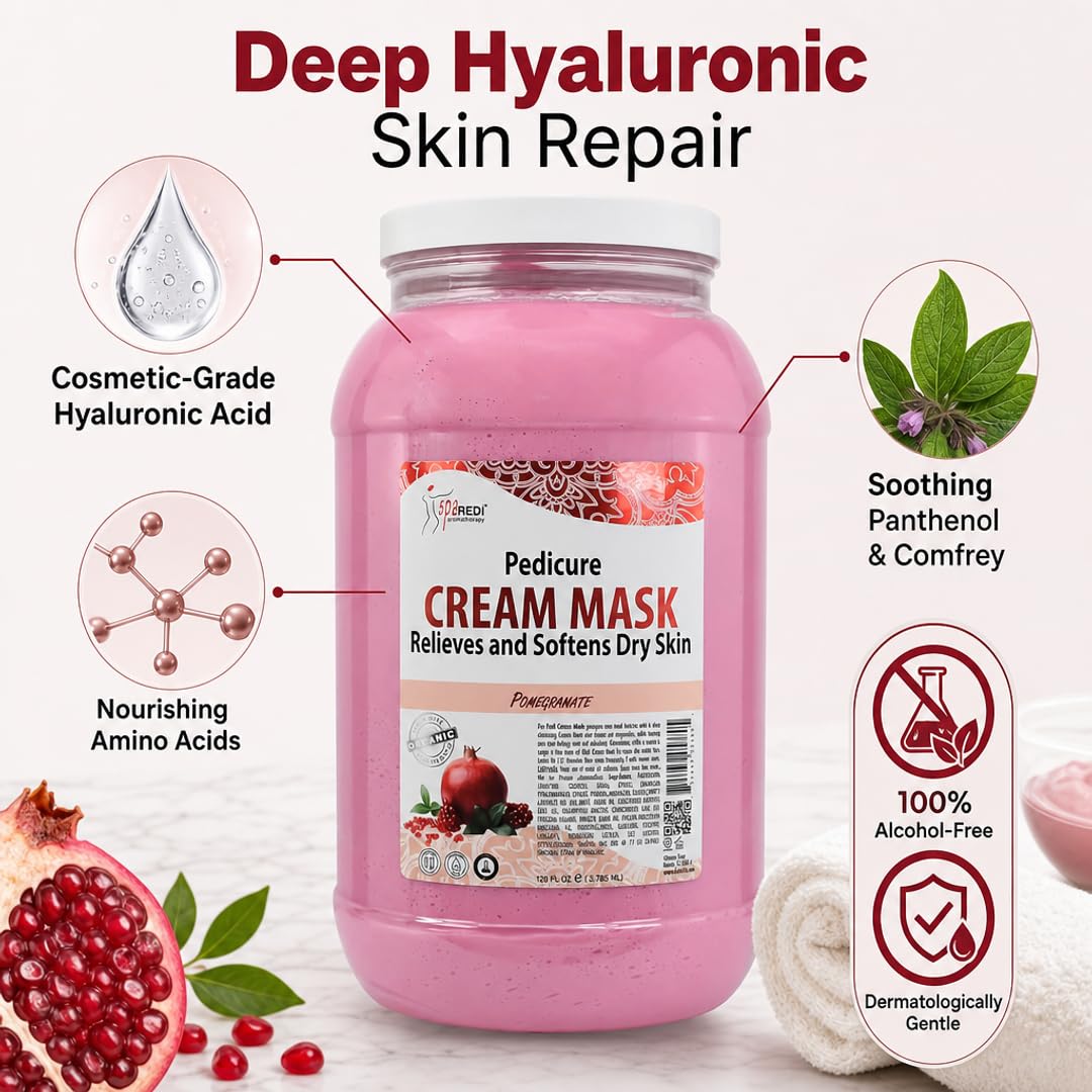 SPA REDI Hydrating Cream Mask & Massage Lotion – Hyaluronic Acid, Amino Acids & Pomegranate | Alcohol-Free Moisturizer for Dry Skin, Calluses & Post-Exfoliation | Professional Salon Use | 128 oz