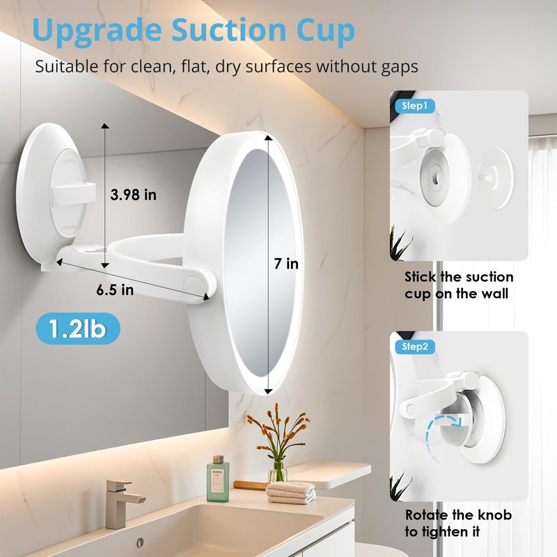 Fabuday Wall Mounted Magnifying Makeup Mirror with Lights - 1x/30x Double Sided Lighted Magnification Mirror with Suction Cup, Rechargeable Mirrors with Extended Arm, 3 Color LED Lighting, 7 Inch