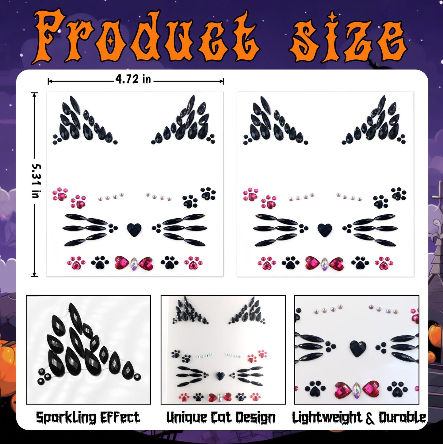 Voiiake Crystal Cat Face Gems Stickers, 2-Sheet Cat Print Gem Jewels, Black Cat Costume Women Accessories for Halloween Makeup