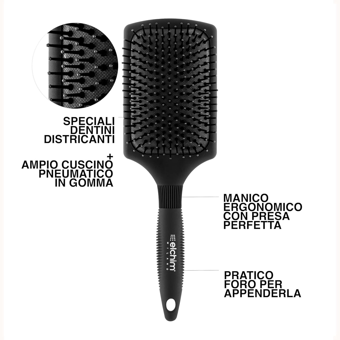 Elchim Paddle Brush - Ergonomic Lightweight Detangling & Styling Brush | Pneumatic Rubber Cushion