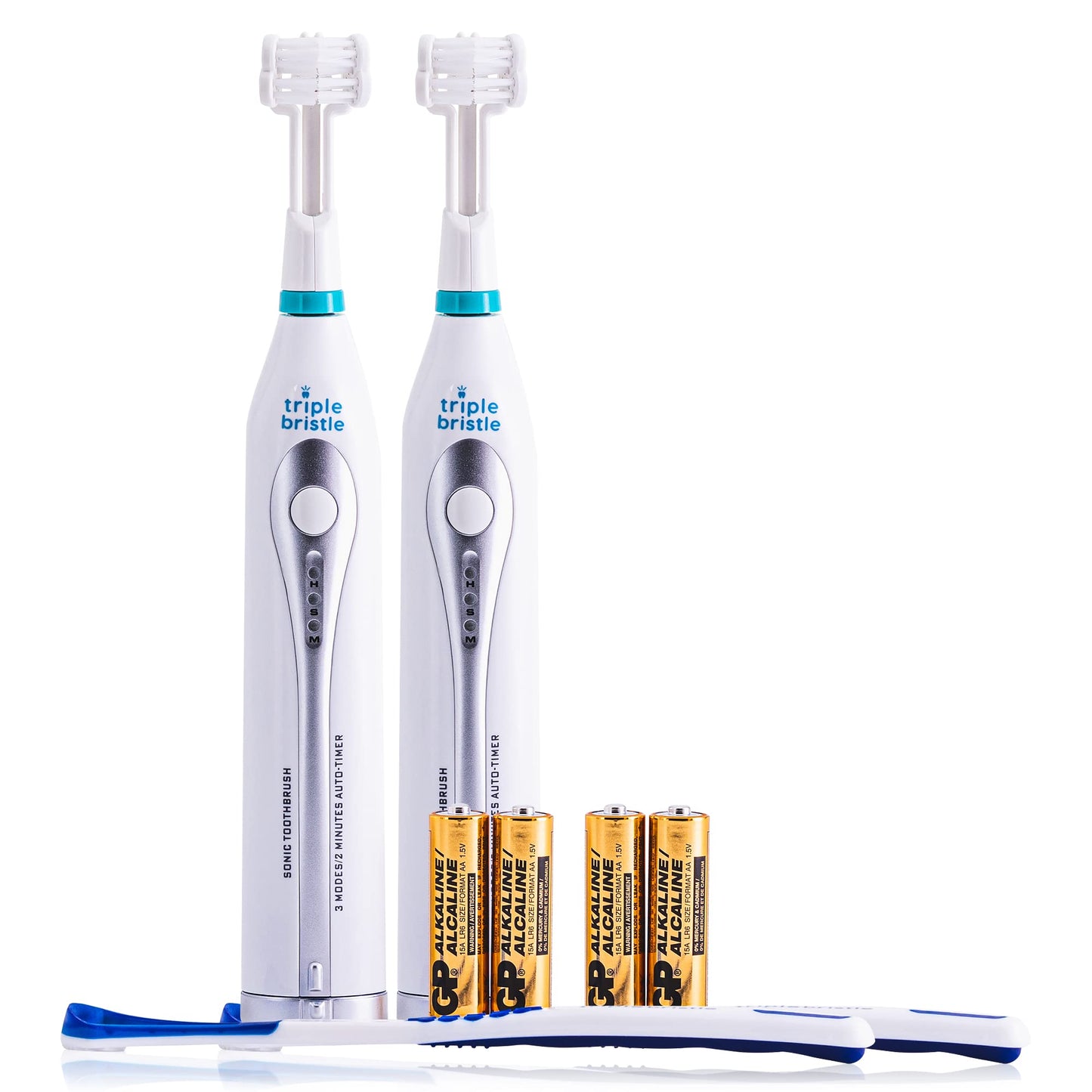 Triple Bristle GO | Portable AA Battery Sonic Toothbrush for Travel | Three Powerful Modes | Soft Nylon Bristles-Also for Autistic & Special Needs Adults and Kids | Triple Bristle GO Two Pack