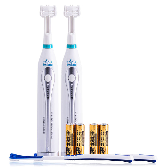 Triple Bristle GO | Portable AA Battery Sonic Toothbrush for Travel | Three Powerful Modes | Soft Nylon Bristles-Also for Autistic & Special Needs Adults and Kids | Triple Bristle GO Two Pack