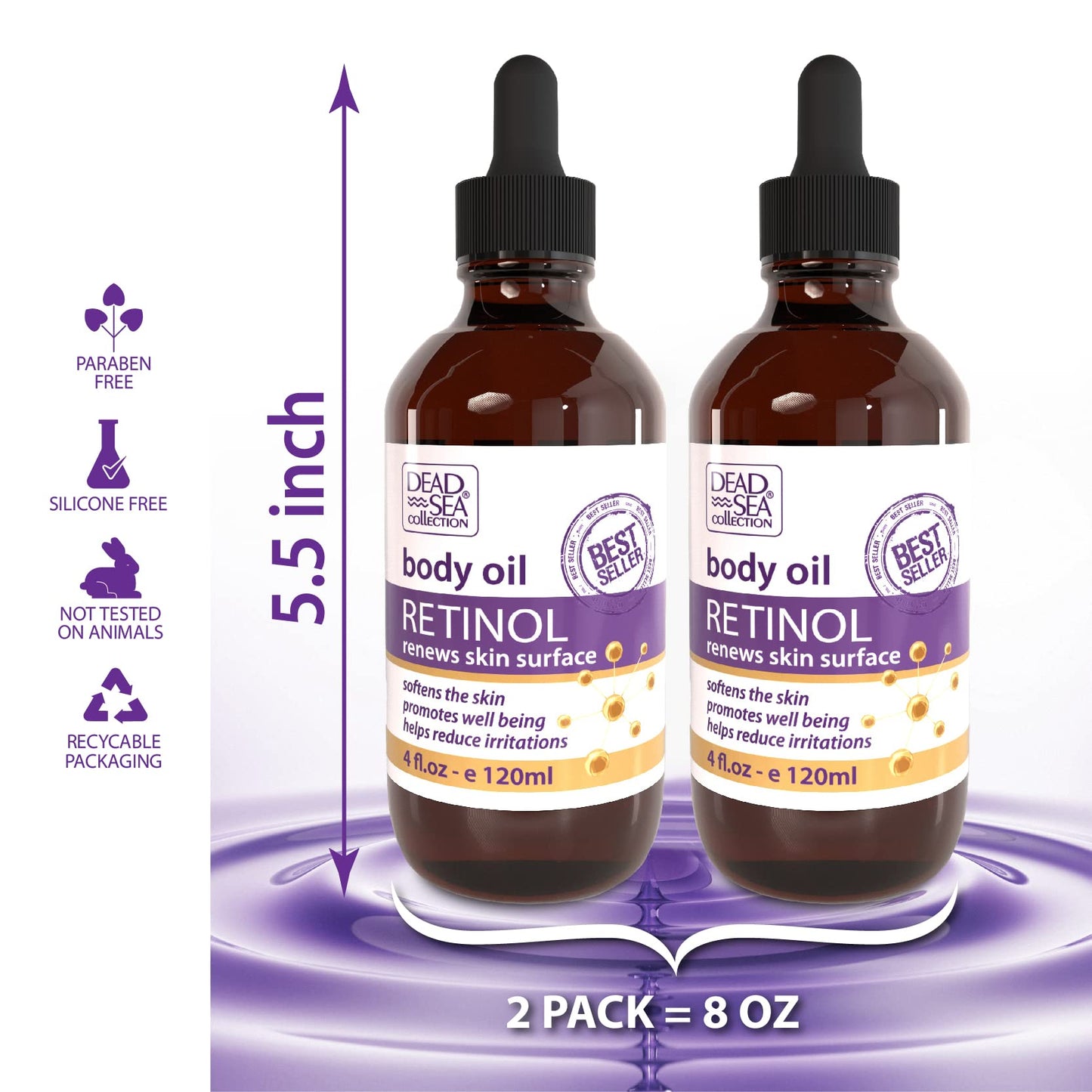 Dead Sea Collection Body Oil for Dry Skin - Retinol & Vitamin E, A Moisturizing Oil for Face, Anti-Aging - Skin Elasticity Support, Renews Skin Surface & Softens Pack of 2 (4 Fl. Oz Each)