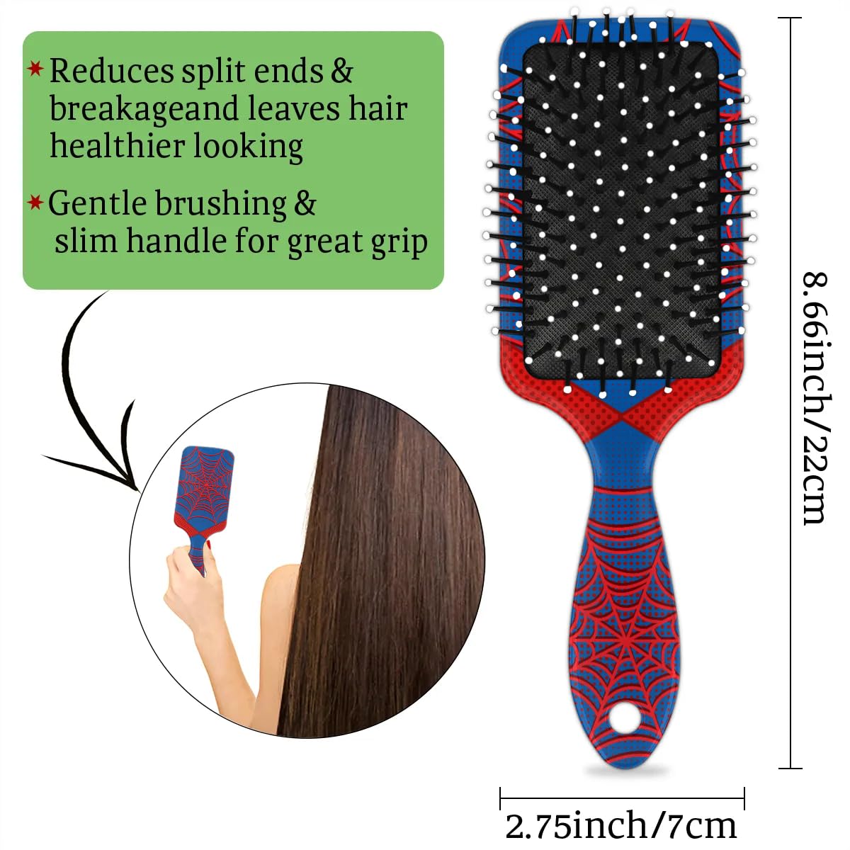 Kids Detangler Hair Brush - Spider Web Blue Design for Boys & Girls | Smooths Wet & Dry Thin, Long, Curly Hair