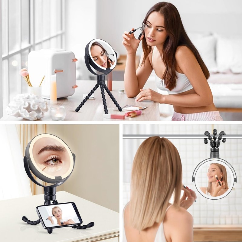 KOOKIN Travel Makeup Mirror with Lights and Magnification 1X/10X, Lighted Makeup Mirror, Rechargeable, 3 Color Lighting, Dimmable, 360° Rotation, Double Sided, Hanging Handheld Mirrors (Black)