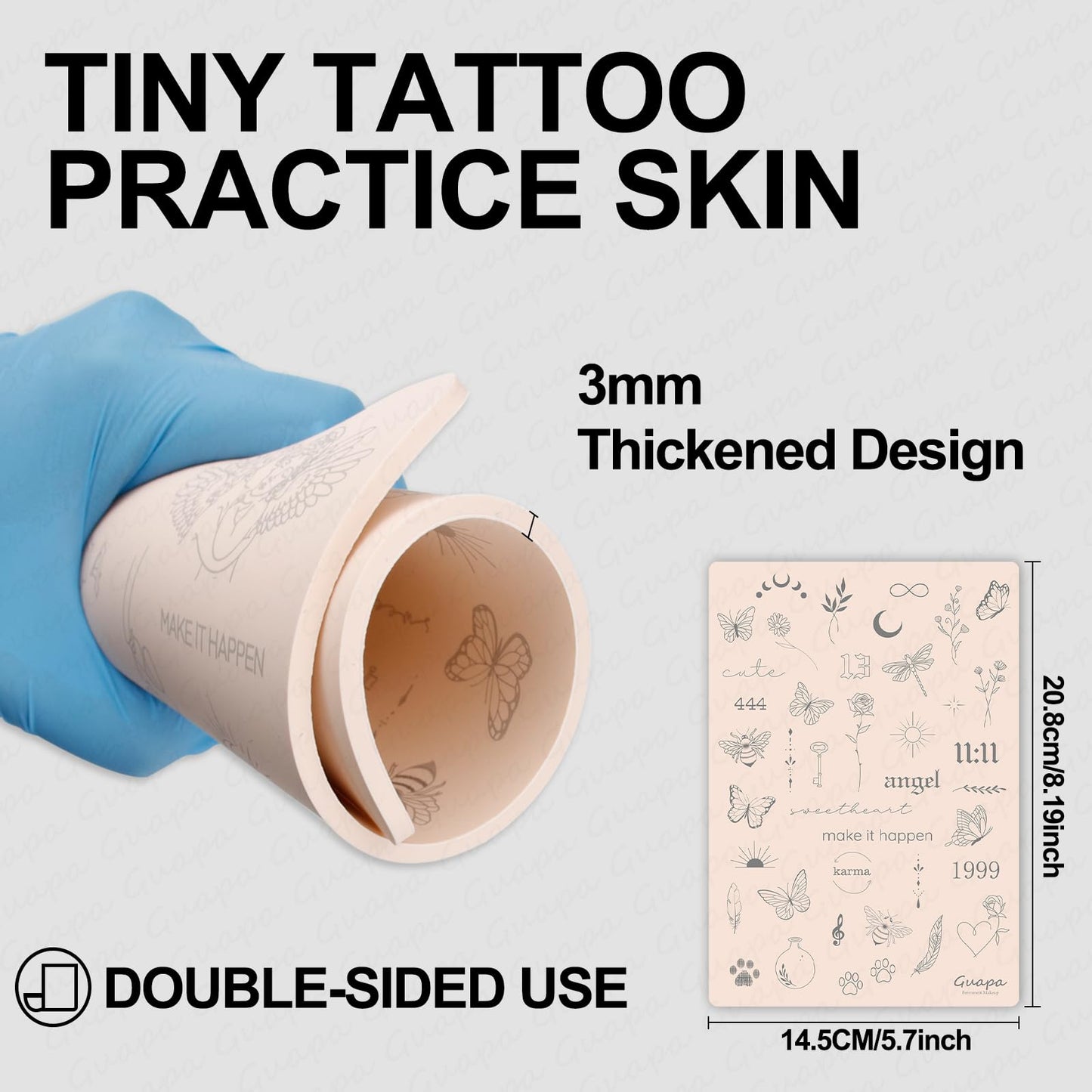 Guapa 3MM Pre-Printed Tattoo Practice Skin – 5.7×8.2"" Thick Silicone Fake Skin for Fine Line Tattoos – Realistic Double-Sided Tattoo Skin for Beginners & Artists (White 3PCS and pink 3PCS)