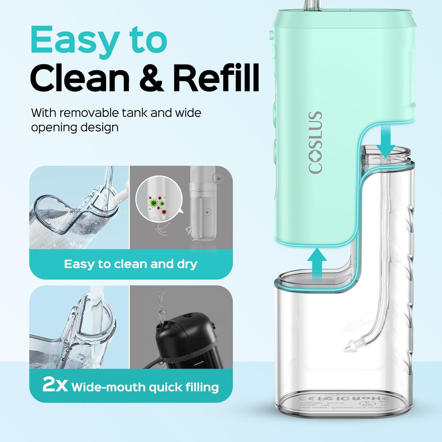 COSLUS T40 Mini Water Flosser for Travel: Portable Lightweight Design Cordless Oral Irrigator with Removable Tank & 4 Modes, IPX7 Waterproof for Braces, Sensitive Teeth Travelers & Family Use, Green