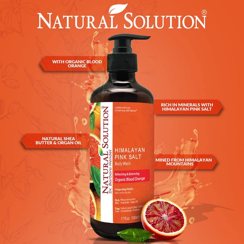 Natural Solution Body Wash - Revitalizing Organic Blood Orange Extract & Himalayan Pink Salt | 17 fl oz Each, Pack of 6