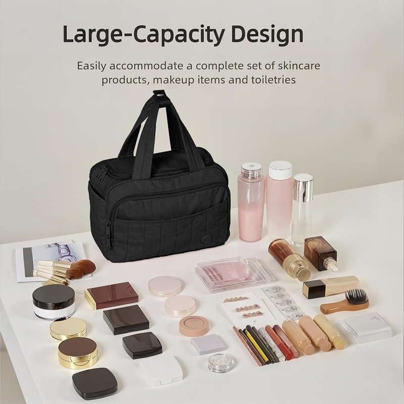 Travel Toiletry Bag for Women - Lightweight Wide-Open Makeup Organizer | Water-Resistant, Multiple Pockets, Mousse Black