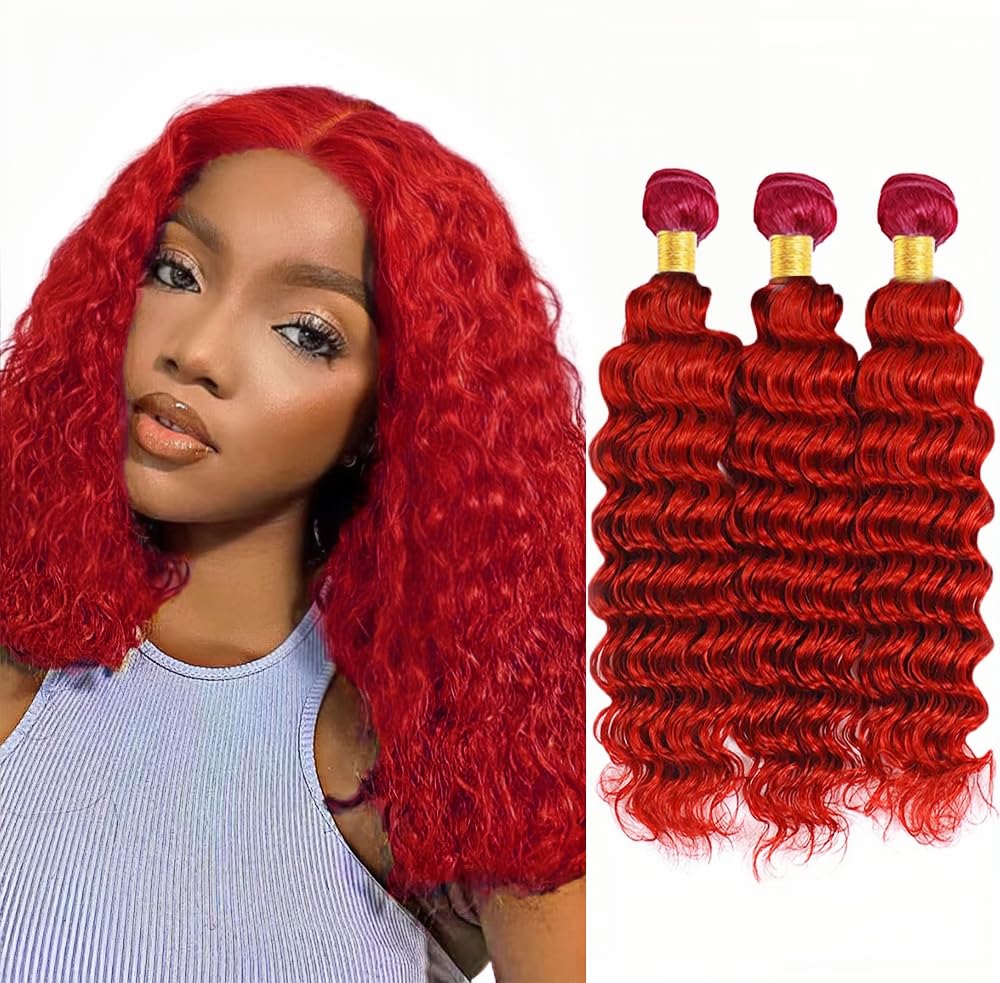 Red Bundles Human Hair Deep Wave Bundles 14 14 14 Inch Unprocessed Brazilian Virgin Remy Hair Wine Red 3 Bundle Burgundy Deep Wave Human Hair Extensions 50 Gram Per Bundle