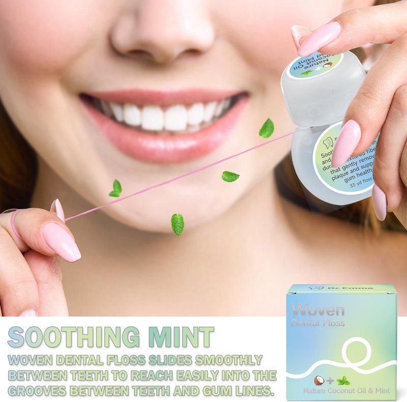 Dr. Emma Woven Dental Floss - Coconut Oil Infused, Mint Flavor | Expanding & Stretchable, 33 Yards, Pack of 2