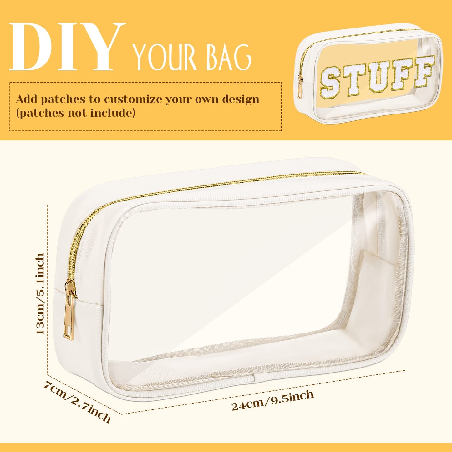 Cunno 9 Pcs Preppy Clear Makeup Bag DIY Chenille Letter Pouch Large Nylon Makeup Bag Travel Toiletry Zipper Cosmetic Organizer Pouch PVC Bags for Women, 9.5 x 5.1 x 2.8 Inch(Cream White)
