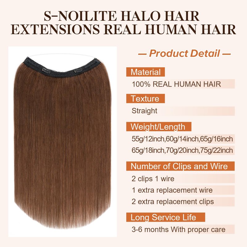 Halo Hair Extensions Real Human Hair,S-noilite 100% Human Hair Halo Extensions,Halo Hair Extension for Women, Halo Hair Extensions,04 Medium Brown 65g/16inch