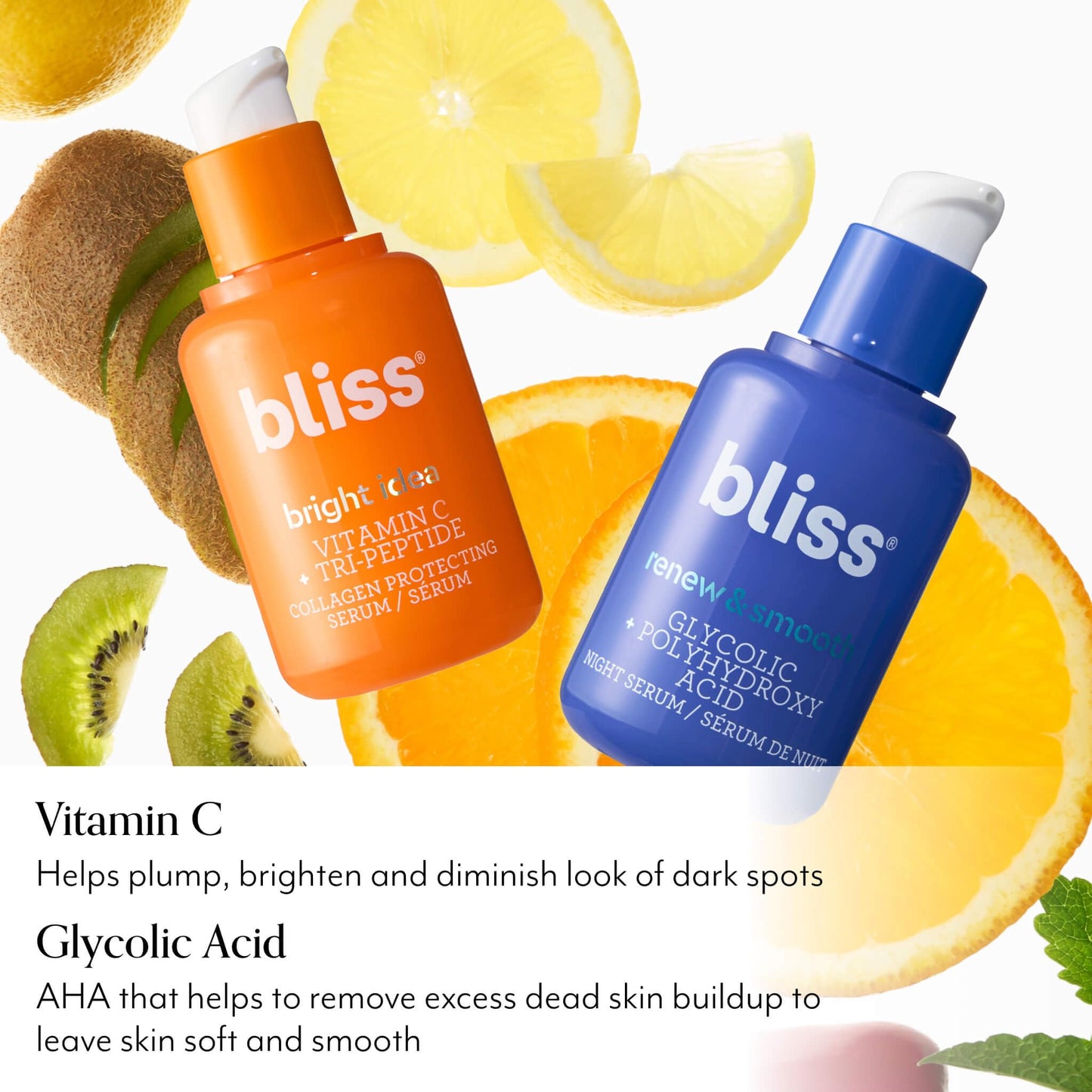 Bliss Vitamin C Bright Idea + Glycolic Acid Renew & Smooth Day and Night Serum Duo | Anti-Aging and Brightening Face Serums Duo for Bright, Smooth & Firm Skin | Vegan, Clean & Cruelty-Free | 2x1 Fl Oz