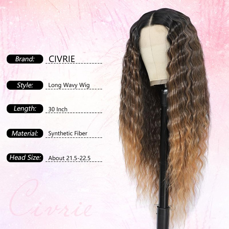 Civrie 30 Inch Lace Front Wigs Synthetic Hair Wigs for Balck Women,13x4x1 T Part Curly Lace Wigs, Ombre Light Brown Crimped Deep Wave Culrs Curly Wigs for Daliy Use, Korean Fiber Curly Wigs