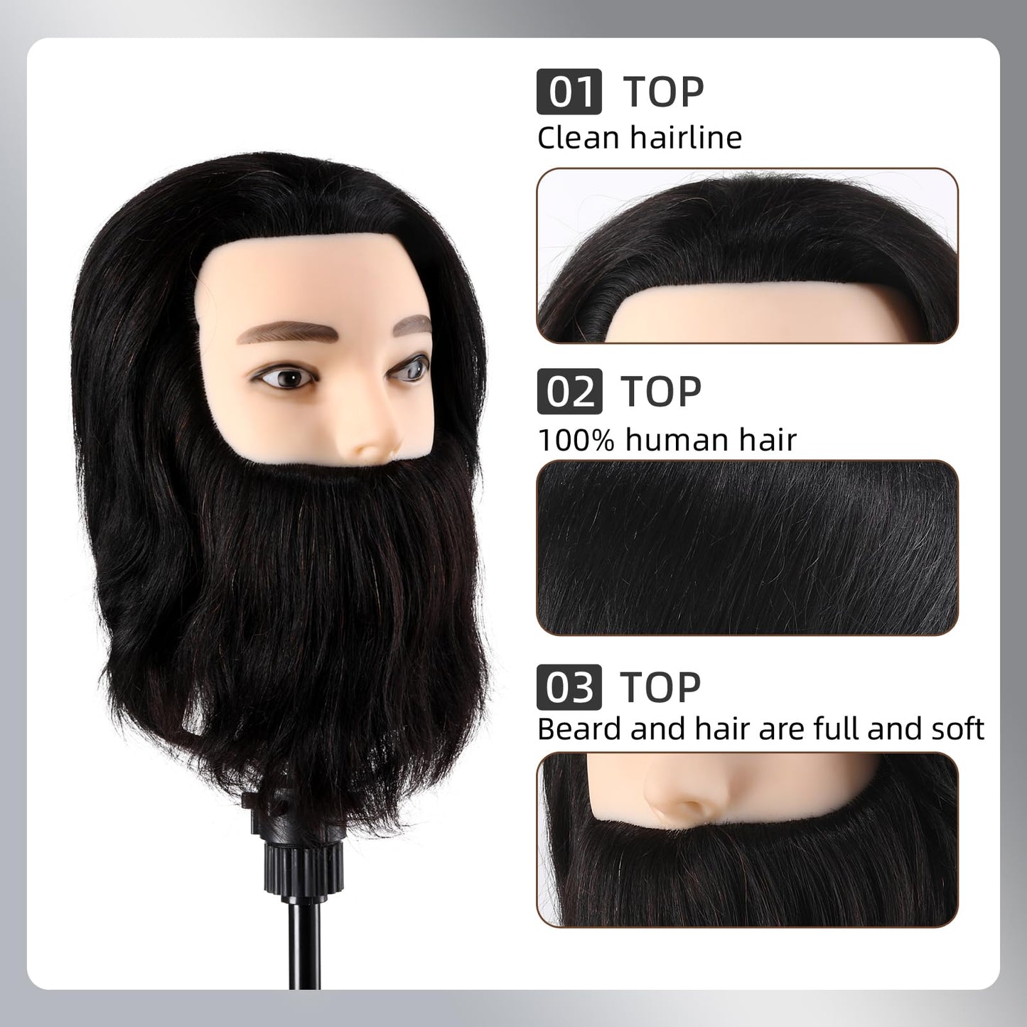 Male Mannequin Head With 100% Human Hair Manikin For Men Barber Mannequin Head Cosmetology Straight Beard Manikin Head With Human Hair Practice Cutting Styling