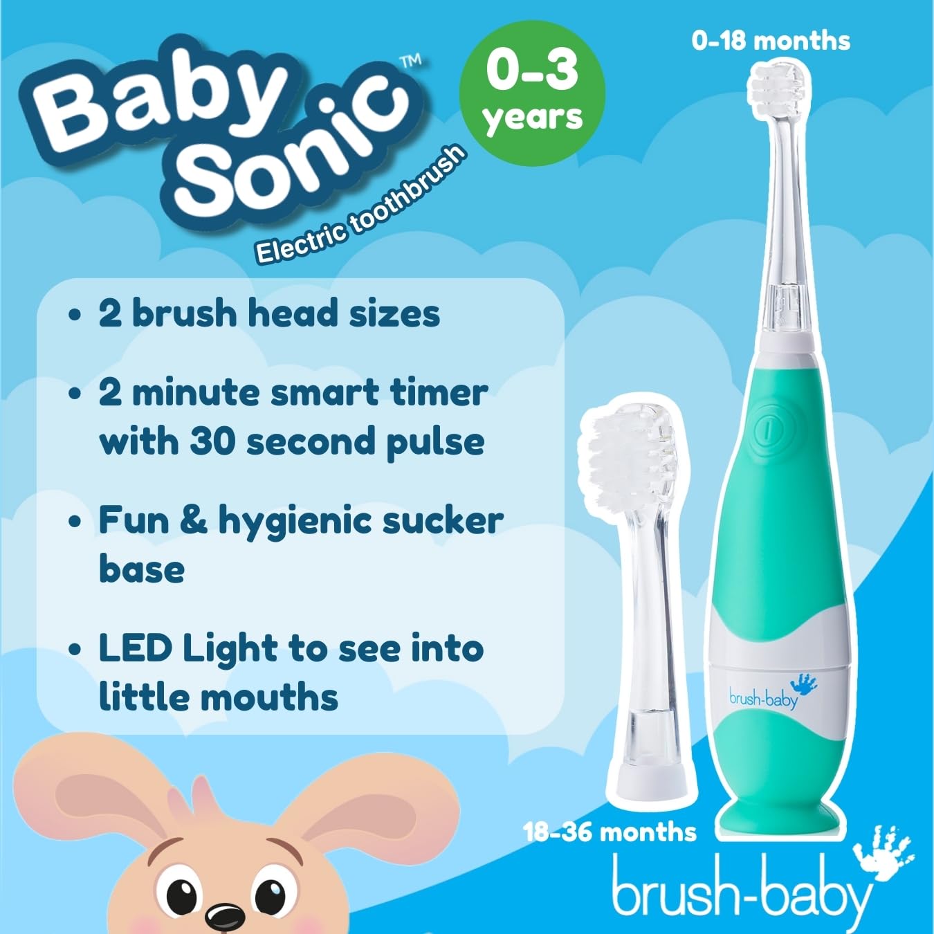 brush-baby BabySonic Infant and Toddler Electric Toothbrush for Ages 0-3 Years - Smart LED Timer and Gentle Vibration Provide a Fun Brushing Experience - Includes 2 Sensitive Brush Heads (Teal)