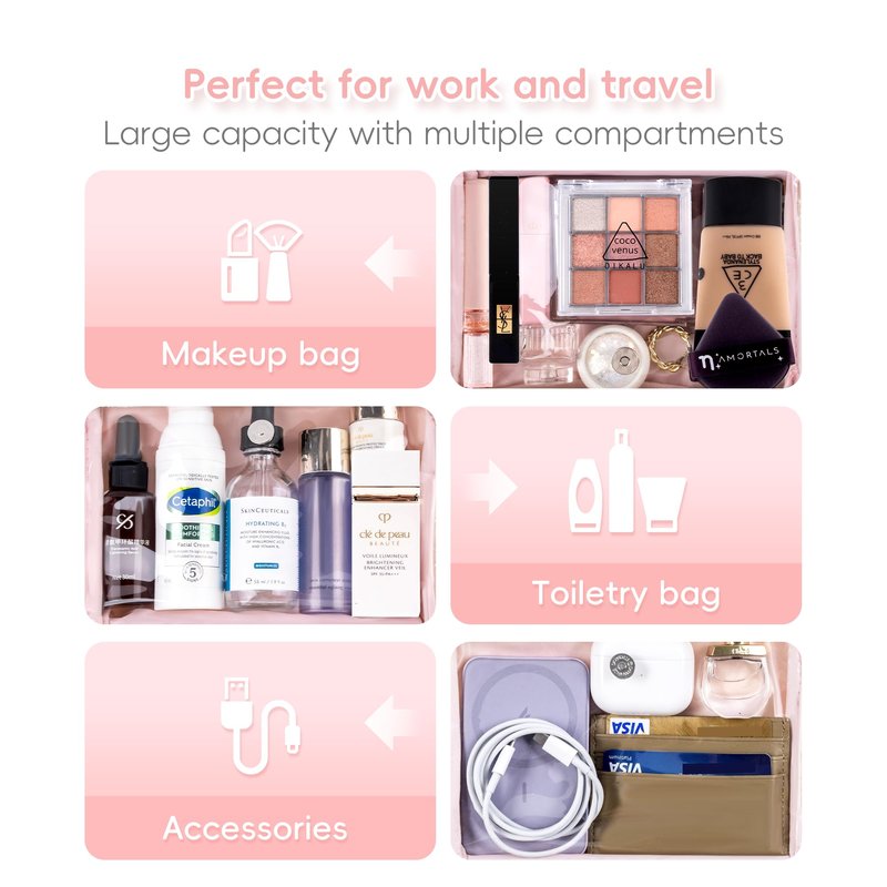 Leudes Makeup Bag Travel Essentials Cute Skincare Pouch Purse Cosmetic Bags for Women Traveling Make Up Organizer Portable Clear Case Toiletry Bag with Zipper (Pink, Medium)