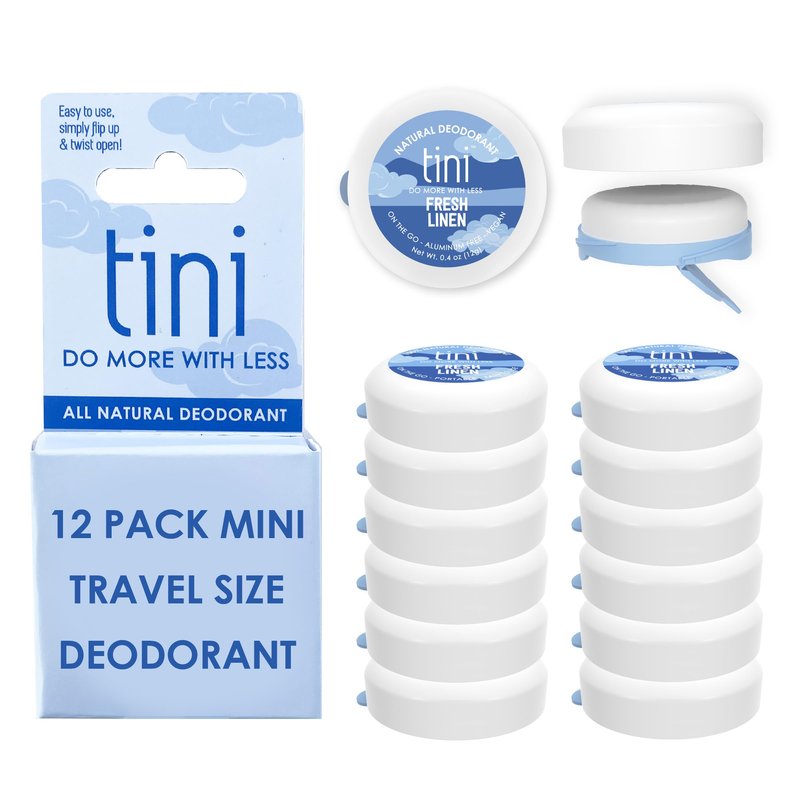 Tini Naturals Mini Travel Size Deodorant, Unisex Aluminum Free Deodorant with Coconut Oil & Shea Butter, 0.4oz each (12 Pack), Fresh Linen Scent