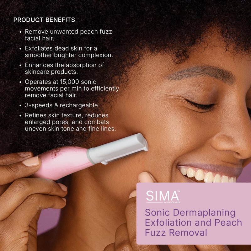 SPA SCIENCES - SIMA Patented Dermaplane Razor for Women Face – Painless 2-in-1 Facial Exfoliation & Peach Fuzz Hair Removal – Anti-Aging – 3 Speeds – Rechargeable – 7 Weeks Treatment