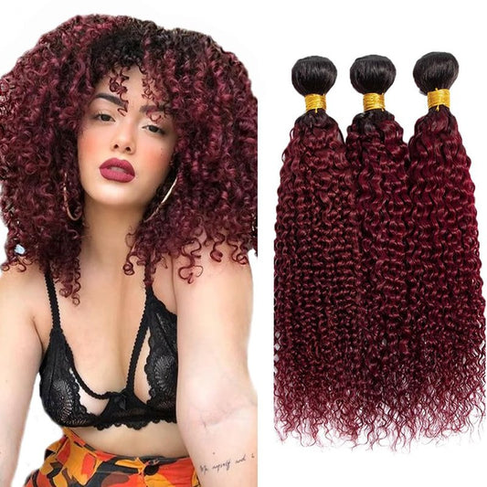 Burgundy Curly Bundles Human Hair Ombre Burgundy Human Hair Bundles 1B99J Bundle 12 14 16 Inch Double Weft Brazilian Virgin Remy Hair Extensions For Women Deals 300G