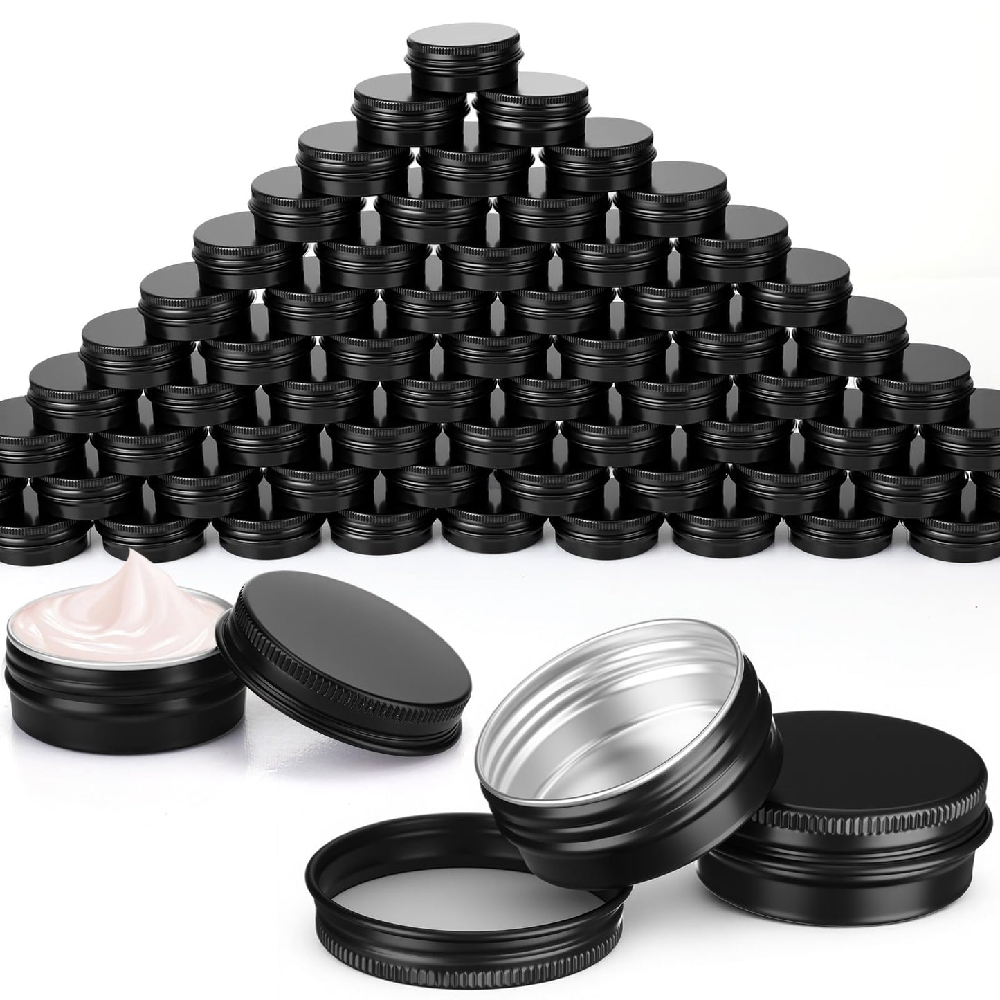 Moxweyeni 150 Pack 0.5 oz Containers with Lids 15 ml Black Tins 1/2 oz Aluminum Metal Tins Small Round Containers for Salve, Balms, Toiletries, Creams, Samples