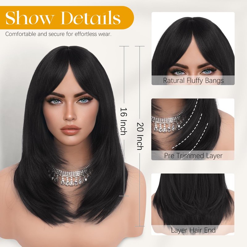 SOFEIYAN Black Wigs with Bangs 16 Inch Long Straight Layered Wig Natural Looking Soft Heat Resistant Synthetic Medium Length Hair Wigs for Women Daily Party Use