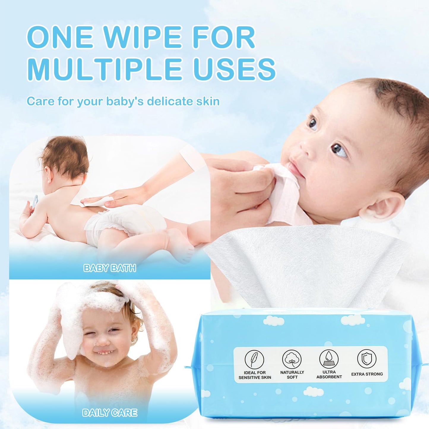 Sensitive Skin Baby Wipes - Unscented Soft Travel Wipes for Newborns | 6 Packs (600 Count)